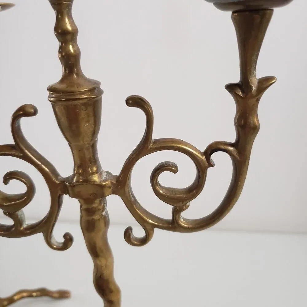 Antique Brass Candlesticks Twist Swirl Scroll Pair Double Candelabra Holders